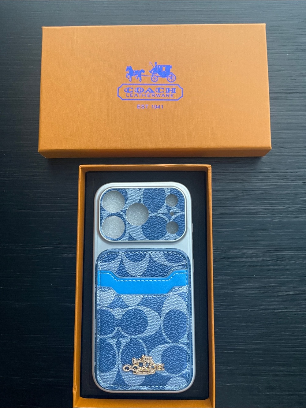 iPhone 17 pro Coach Blue Signature Canvas Phone Case with Bright Blue Card Slot